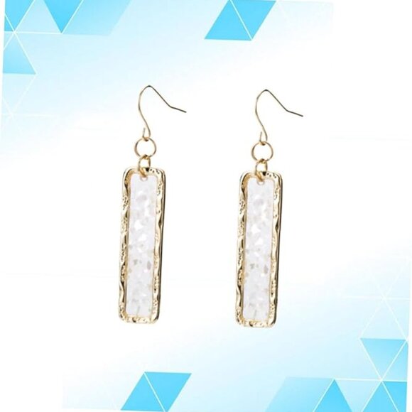 Thin Rectangle Geo Gold Glass Mother Pearl Opalescent Shell Dangle Earrings - Picture 3 of 6